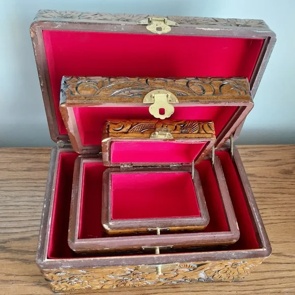 Hand-Carved Floral Wood Nesting Boxes - Brown - Picture 3 of 16